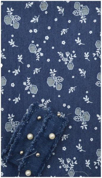 Ткань декоративная джинсовая с тесьмой, 29391, темно-синяя с цветами
