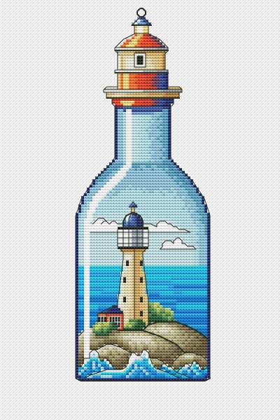 Морской пейзаж. Маяк в бутылке, схема для вышивания крестиком