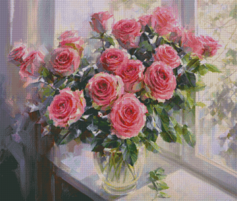 Букет роз на окне, схема для вышивания