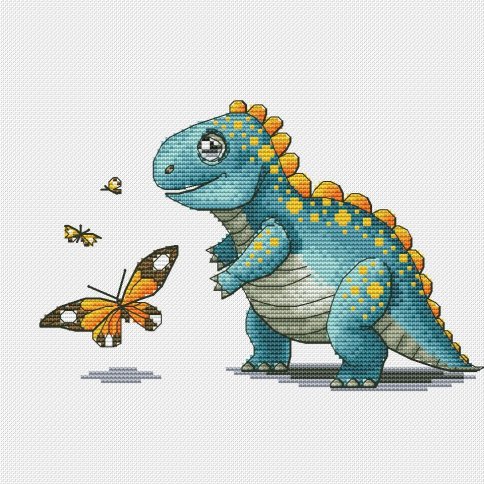 Динозаврик с бабочкой, схема для вышивки крестом