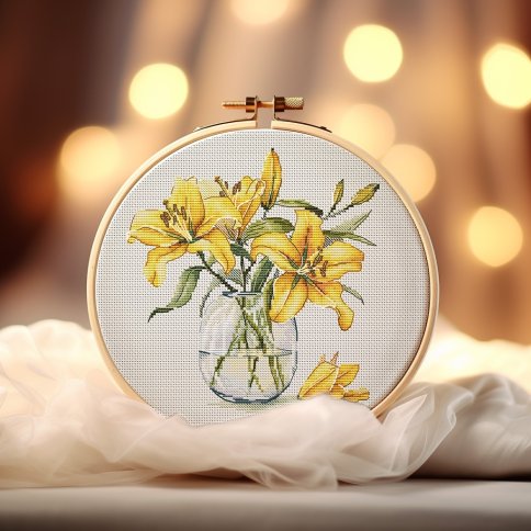 Желтые лилии в вазе, схема для вышивки крестом