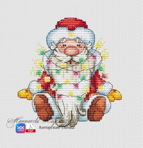 Дед Мороз с гирляндой, схема для вышивания