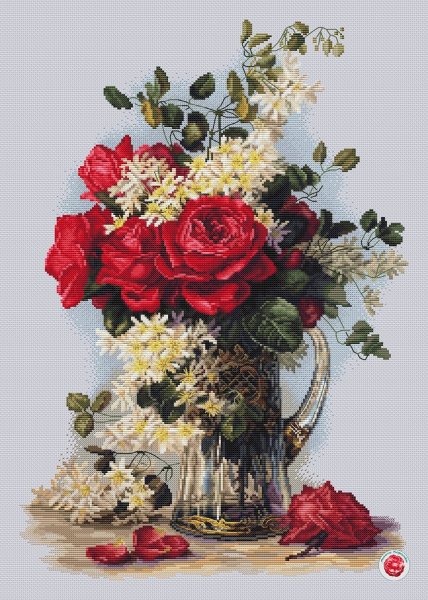 Букет с красными розами и клематисом, схема для вышивания