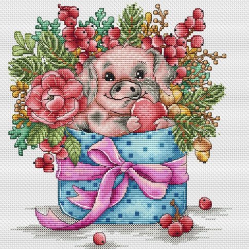 Счастливая свинка, схема для вышивки