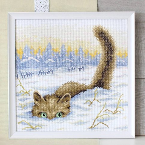 Кот в снегу, алмазная мозаика