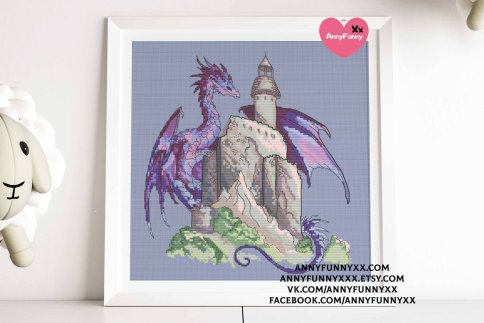 Пурпурный дракон с замком, схема для вышивания