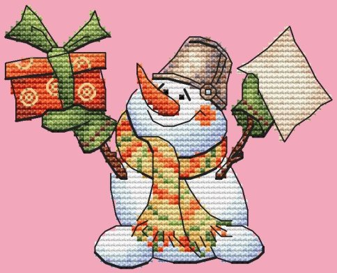 Снеговик с подарком, схема для вышивки