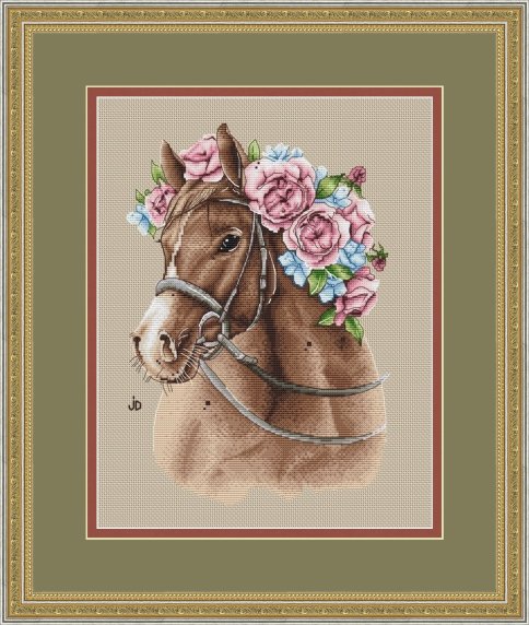 Лошадь в цветах, авторская схема для вышивки крестиком