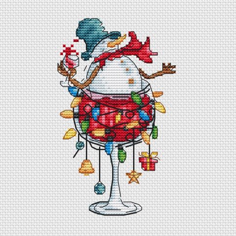 Снеговик с красным винишком, схема для вышивки