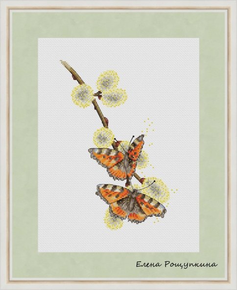 Бабочки на вербе, схема для вышивания крестом